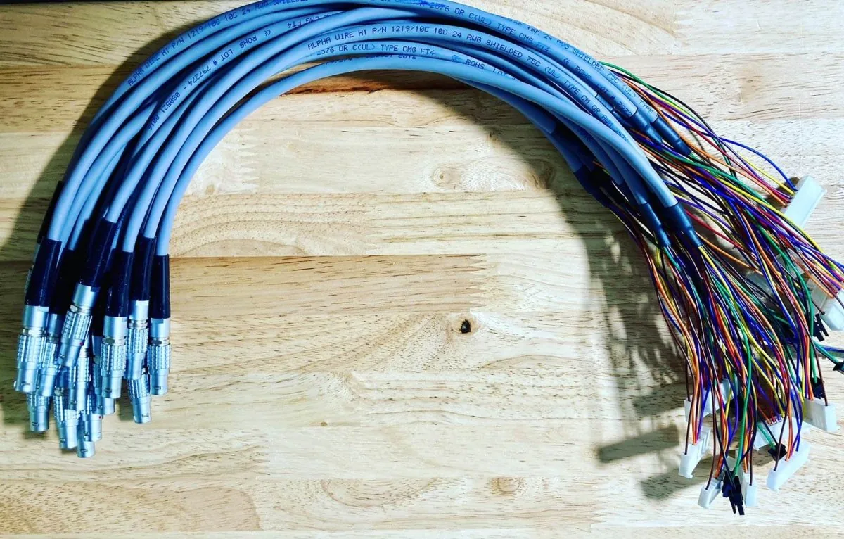 Blue cable bundle prepared for connector assembly